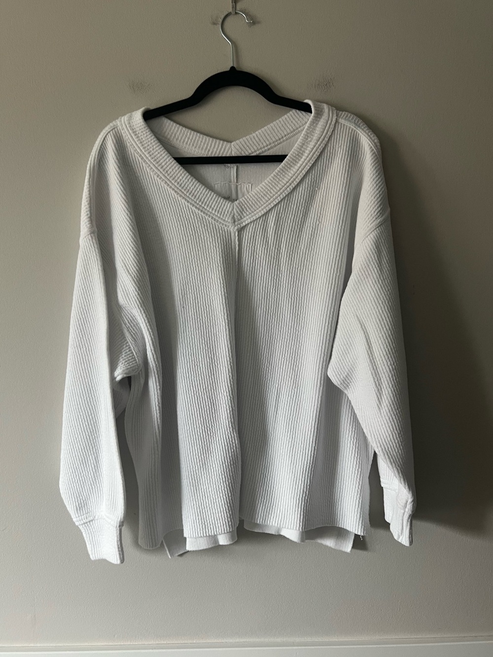 Aerie White Waffle Knit Oversized V Neck Pullover Sweatshirt M